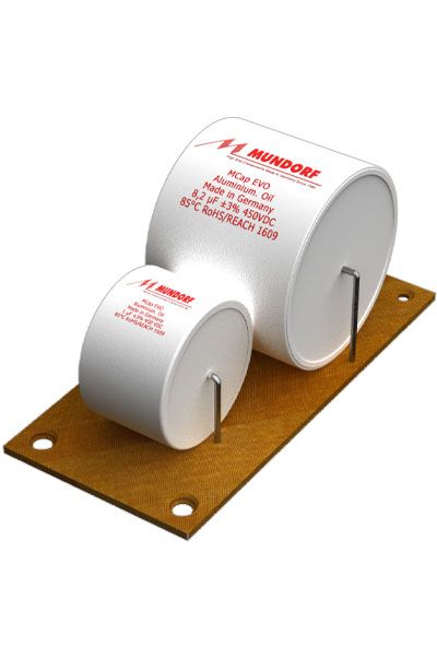 The most minimal simple 2-way speaker crossover.  Two Mundorf capacitors.