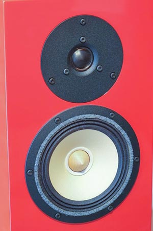 Books-helf home speaker system. Red piano lacquer finish.